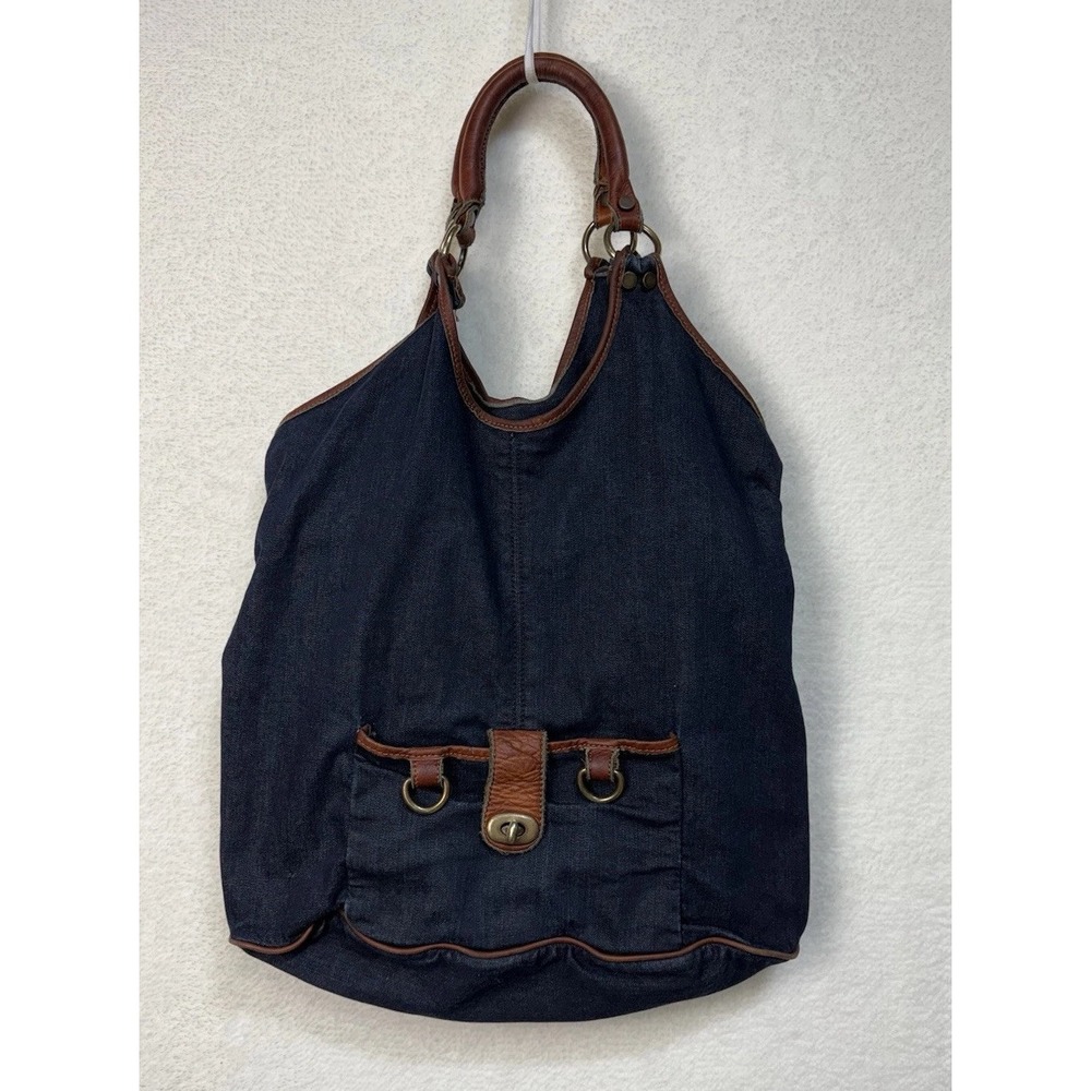 Max&Co Hobo Bag Blue Denim Leather Handbag Hippie Grunge Retro 2 Handles Purse
